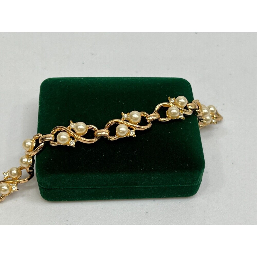 Retro Trifari Pat Pend Bracelet Gold Tone Faux Pearl Clear Rhinestones Estate